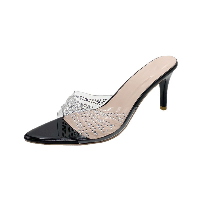 Transparent rhinestone thin-heeled flip-flops 2025 new large-sized European and American spring/Summer new solid color pointed-toe high-heeled slippers for women Item Picture