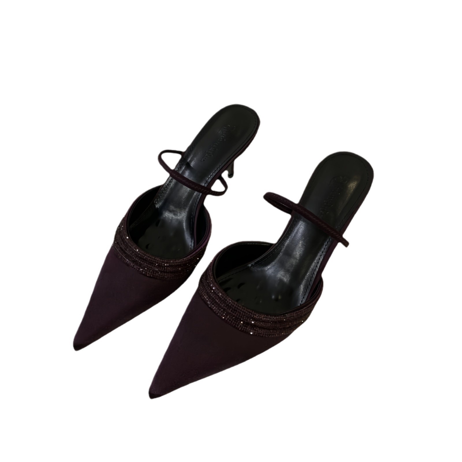 New 2024 winter collection of pointed-toe purple thin-heeled high-heeled, shallow-cut rhinestone, one-piece silk sandals, semi-flip-flops for women Item Picture