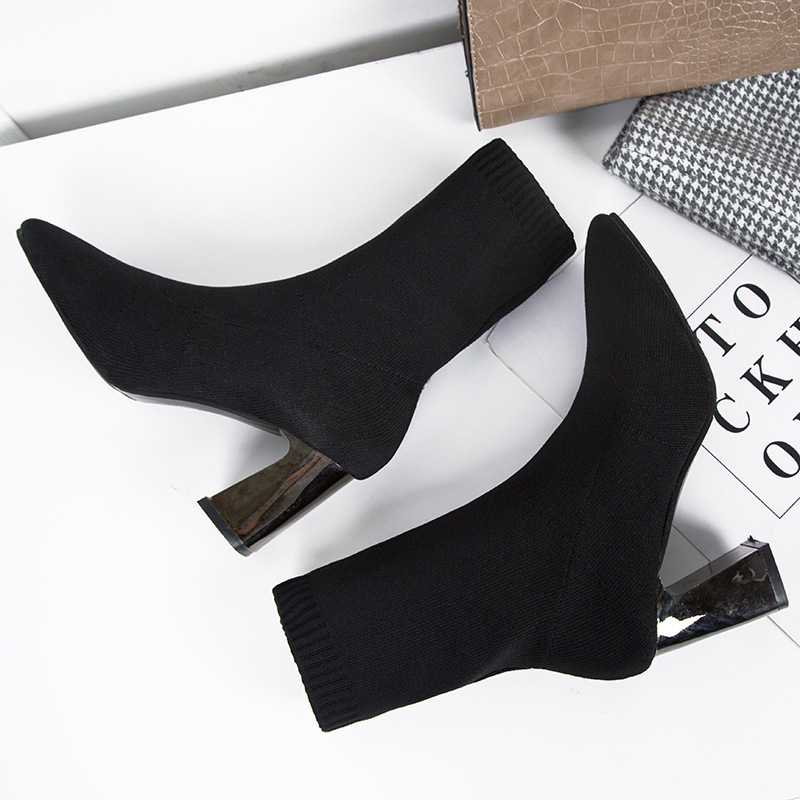 One-line black warm boots for women, comfortable and fashionable pointed-toe high heels, casual chunk-heeled single shoes for women Specification drawing