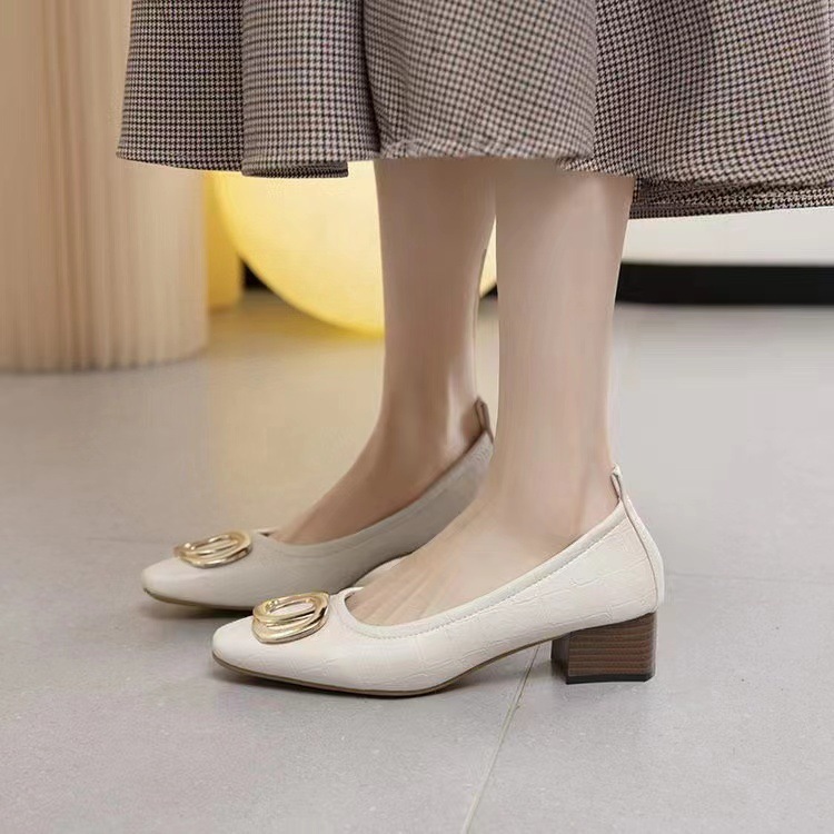 Chunky-heeled single-shoe women's 2024 new Spring and autumn one-step shallow-mouthed evening breeze bean shoes, pointed-toe soft-soled large-sized women's shoes Specification drawing