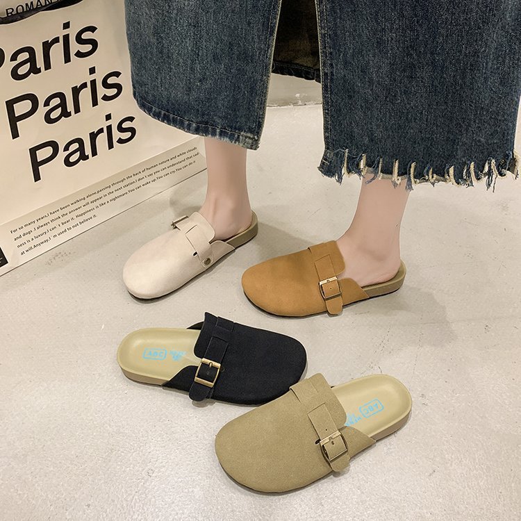 Taizhou large-sized one-legged flip-top half-slipper 2025 new style retro flat slipper round toe fleece lazy slipper Specification drawing