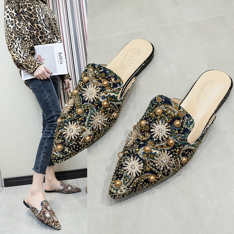 European Station 2024 Spring/Summer new sexy printed, rhinestone, riveted, pearl, pointed toe, one-shoulder slipper full figure