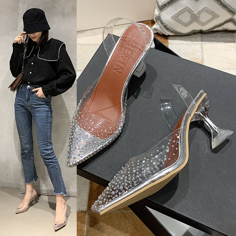 2025 Summer new Korean style transparent rhinestone thin-heeled sandals, crystal shoes, women's shoes, high heels, plus-size export full figure