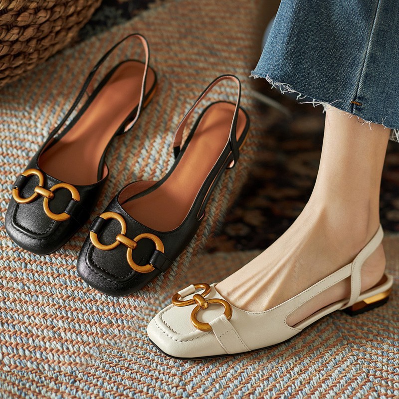 Korean-style retro sandals for women, featuring metal horsebit buckles, a low-heeled, shallow-cut, backless single shoe, and a one-strap square-toe single shoe full figure