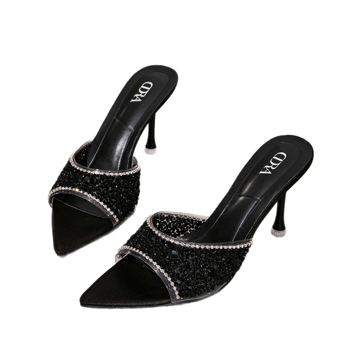 Korean socialite sequined one-shoulder flip-flops 2025 summer elegant outerwear, revealing toes and sexy thin-heeled high heels for women Item Picture