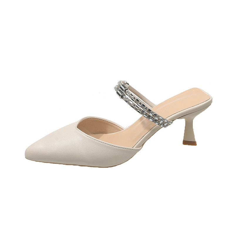 Women's mid-heel flip-flops, summer outerwear, pointed-toe thin-heel rhinestone back empty single shoes, 2025 new style Item Picture