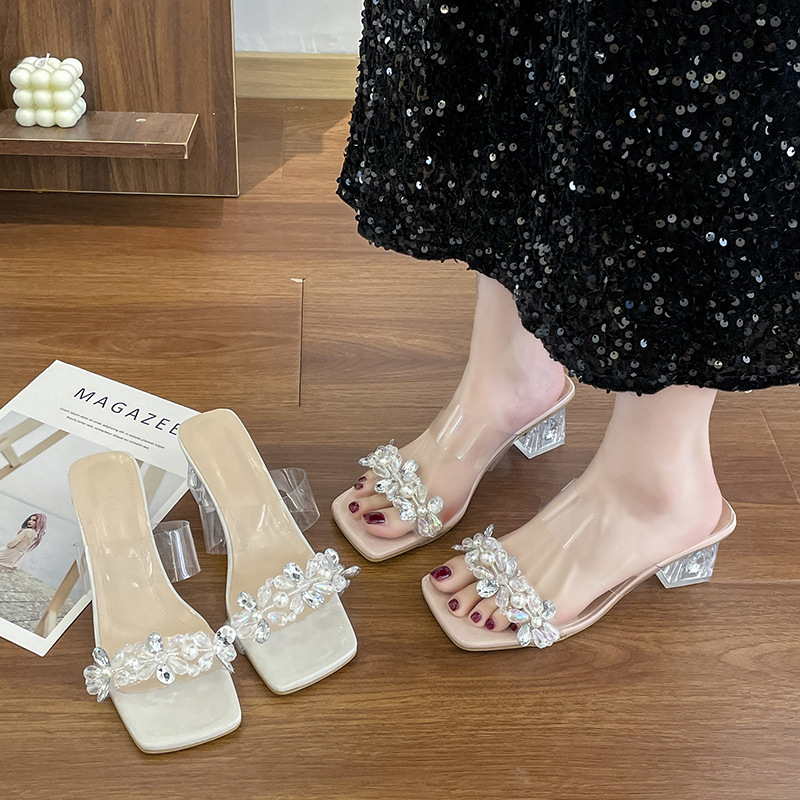 French transparent crystal diamond-encrusted thick-heeled slippers for women, 2024 new style summer outerwear water diamond high-heeled sandals, large size full figure