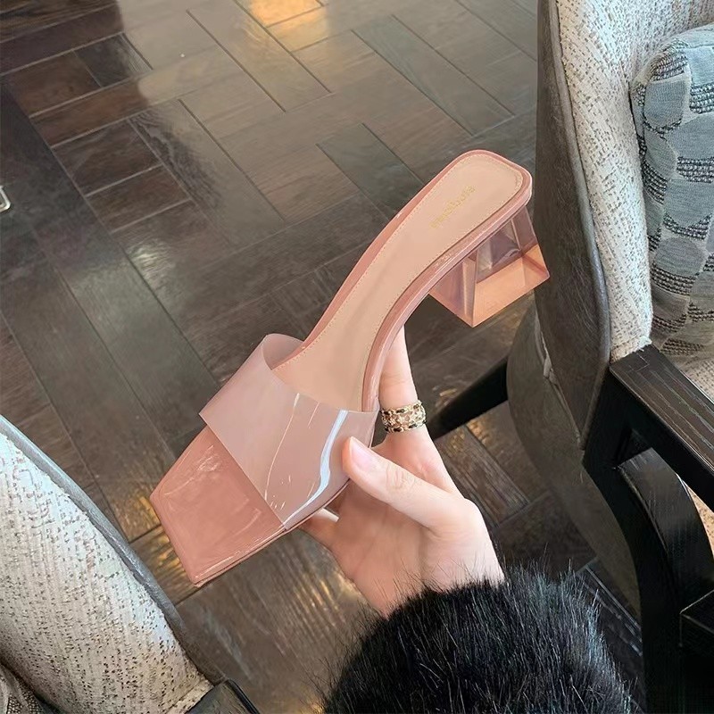 A new style of Crystal 2025 heel slippers for women, summer, women's flip-flops, font, transparent, large-sized, foreign trade, chunky high heels Specification drawing