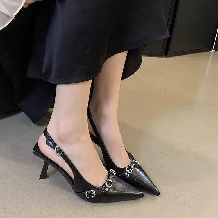 Spring 2025 new single shoe, light mature style, black patent leather pointed-toe, irregular-shaped and high-heeled fashion sandals, the same style as supermodels Application Scenario