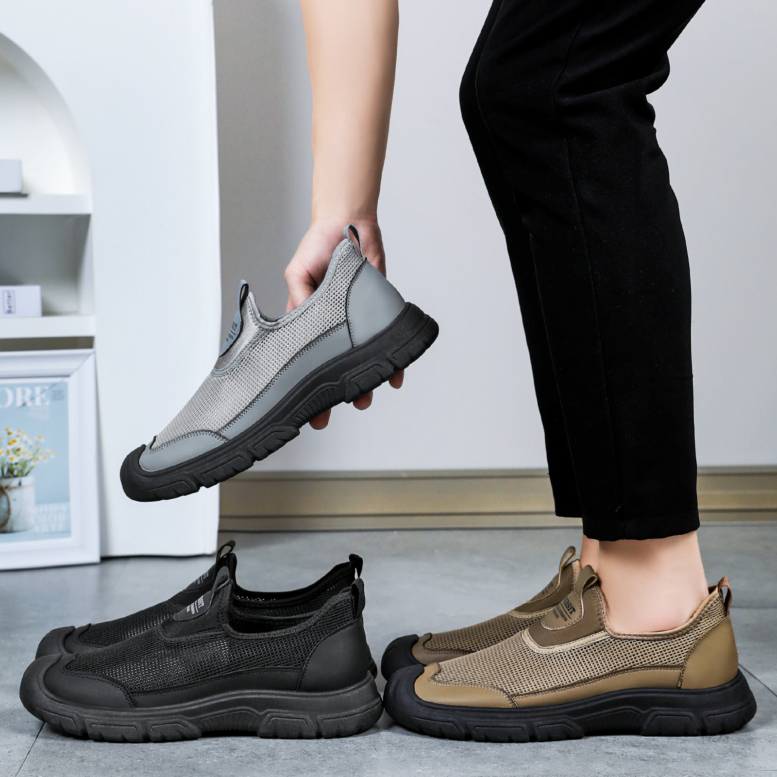 Men's casual shoes, breathable mesh shoes, one-foot lazy shoes, lightweight woven shoes, soft-soled single shoes, comfortable dad shoes Application Scenario