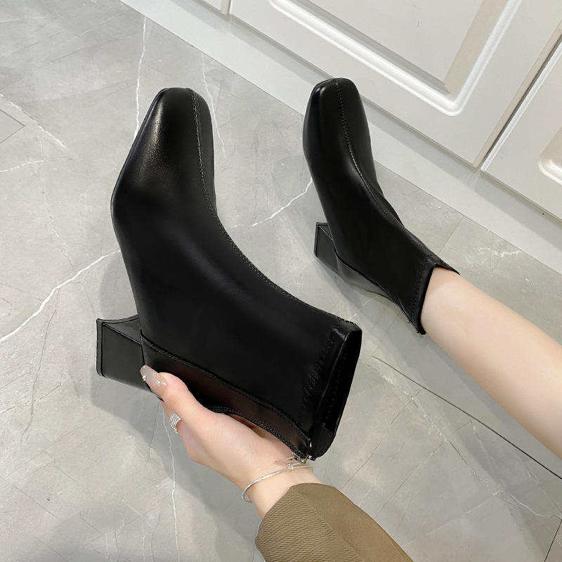 Martin Boots Women 2024 New Style Women's Boots Winter European and American style square toe back zipper short boots Women's style thick heel mid-heel boots Women full figure