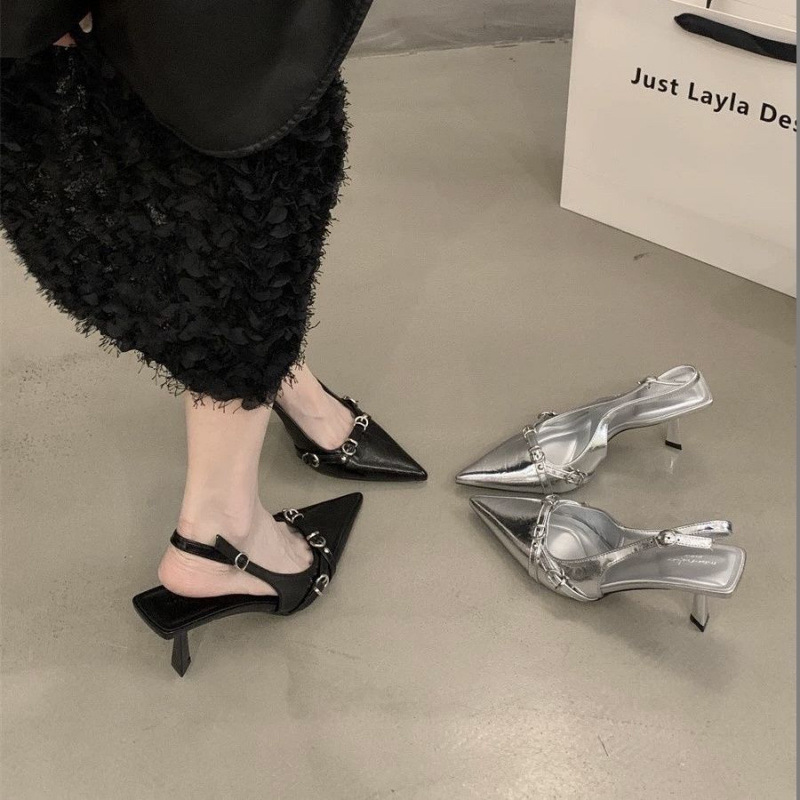 French high-heeled sandals with a flared toe, Spring 2025 new style, with a thin heel and elegant pointed-toe single shoe for women details Picture