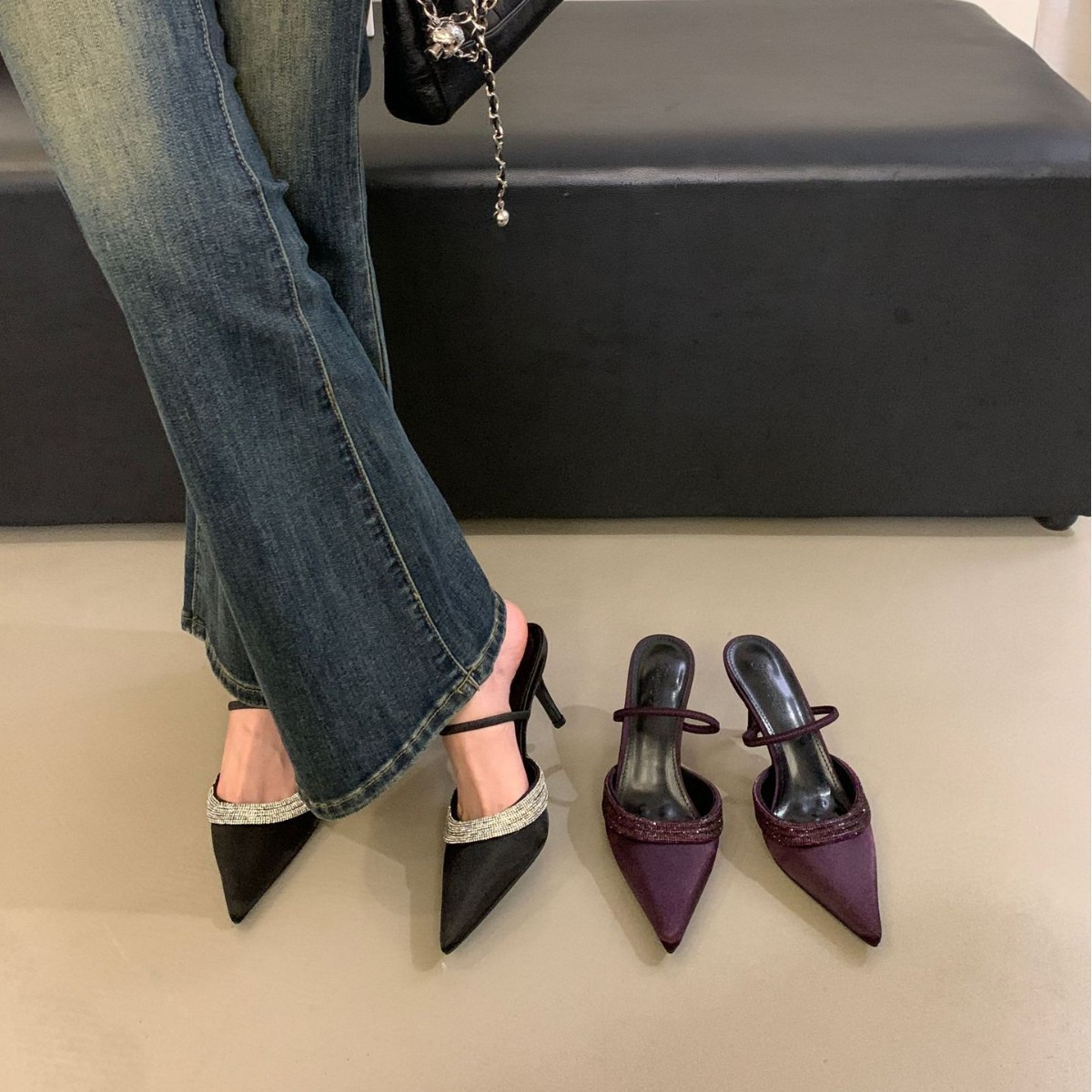 New 2024 winter collection of pointed-toe purple thin-heeled high-heeled, shallow-cut rhinestone, one-piece silk sandals, semi-flip-flops for women details Picture