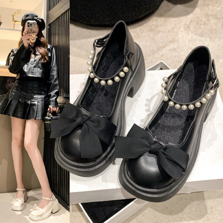 Mary Jane Single Shoe Women's Spring/Summer 2025 New style fashionable and sweet bow thick-soled, chunky heel pearl small leather shoes full figure