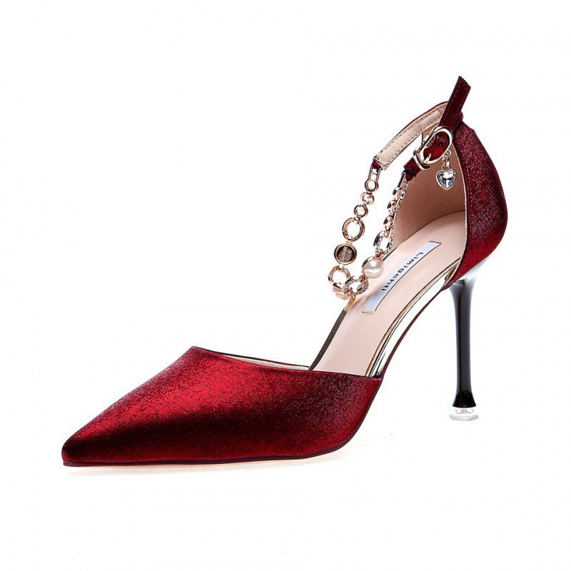 Red soled high heels, sexy satin one-shoulder buckle, pointed rhinestone, red 2025 spring thin-heeled dress women's single shoes Item Picture