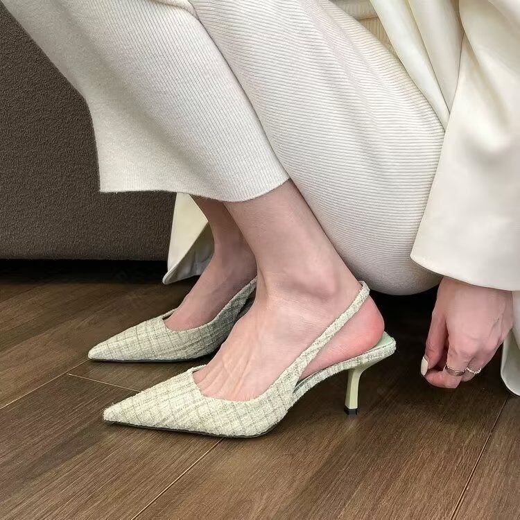 High-end chanel-style high heels, narrow-heeled pointed-toe sandals, women's 2022 summer new style, backheel, pocket, large-sized single shoes Application Scenario