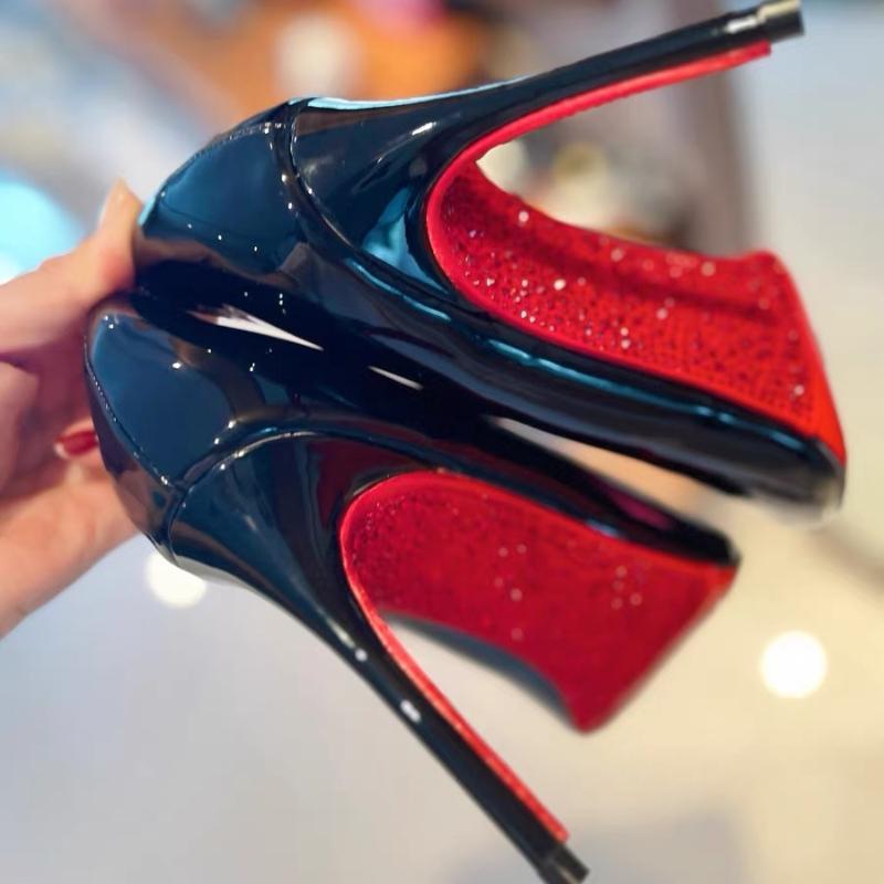 A new Spring 2024 collection of red soled rhinestone black single-heeled high-heeled shoes with pointed patent leather, exuding a masculine charm details Picture