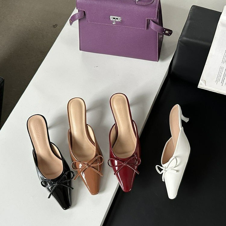 Amazon 2024 new bow thin-heeled shoes for export, large size wine red outerwear slippers, retro pointed-toe half slippers Specification drawing