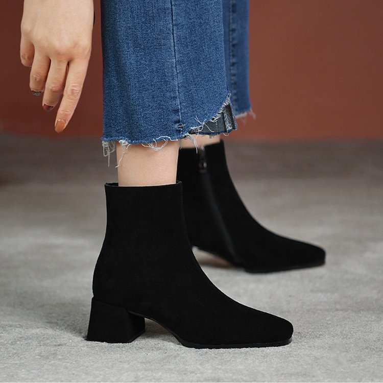 Short boots for Women 2025 Spring and Autumn New style Chunky-heeled boots, pointed high heels, mid-heeled short boots, suede women's boots, versatile boots full figure