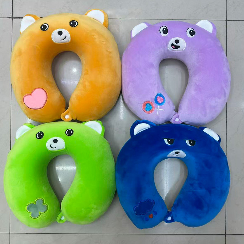 Animal embroidery bear cartoon anime peripheral latex neck pillow, cute cartoon U-shaped travel car, high-speed rail, plane travel and tourism pillow, nap memory foam, plain neck protection pillow, rebound velvet cubic memory foam U-shaped pillow details Picture