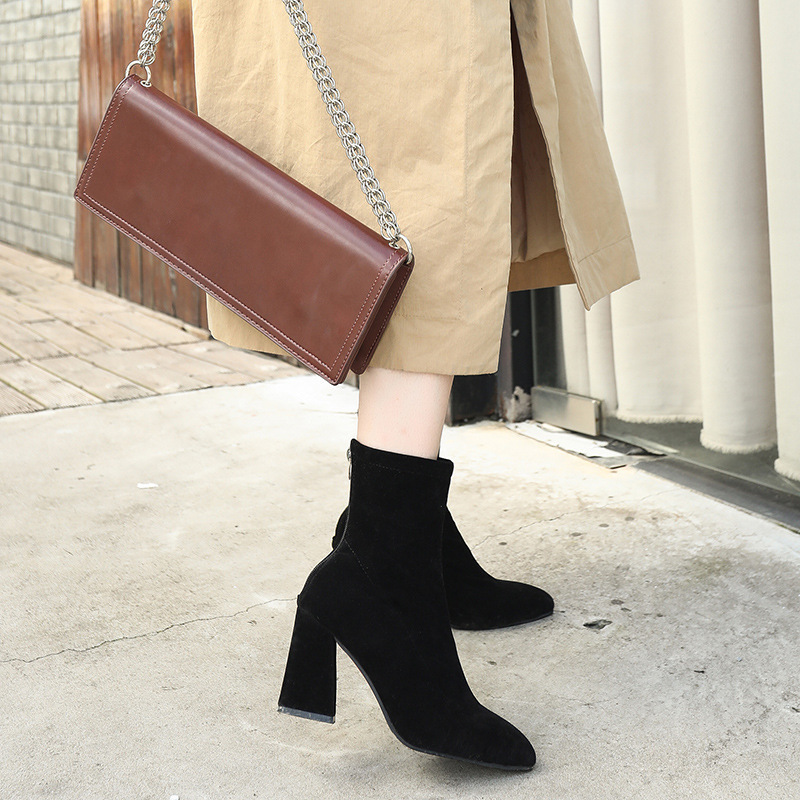 Women's boots 2025 New Korean version autumn and winter mid-calf pointed-toe chunk-heeled short boots for women, high heels for women, elastic boots for women Application Scenario