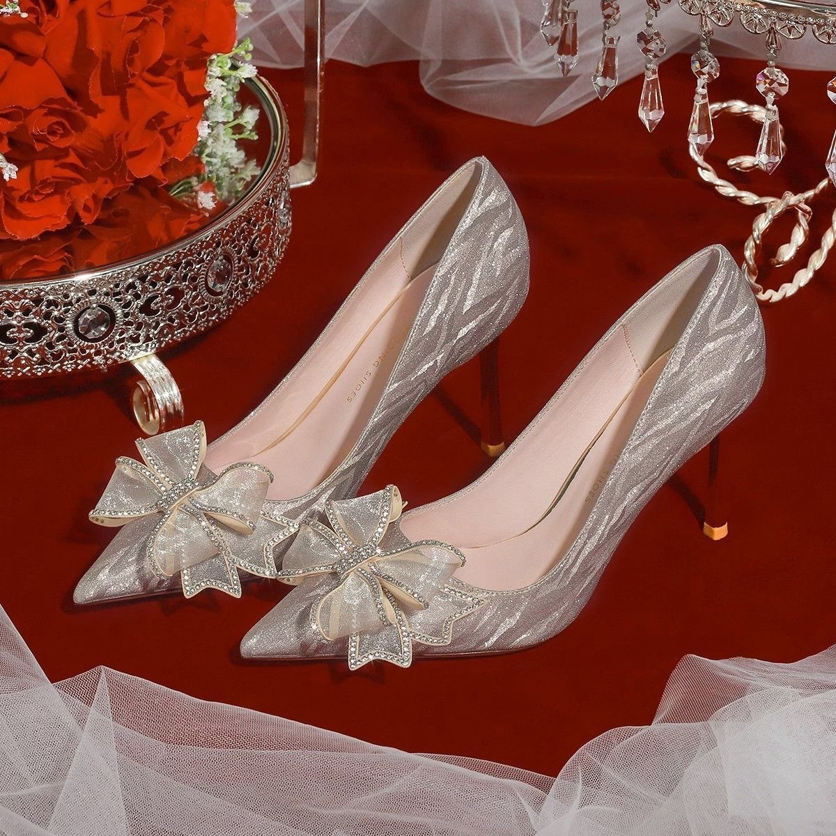 Single shoe French champagne color wedding shoes, autumn and winter bride shoes, 2025 new style He Xiu wedding dress, two-wear engagement high heels Specification drawing
