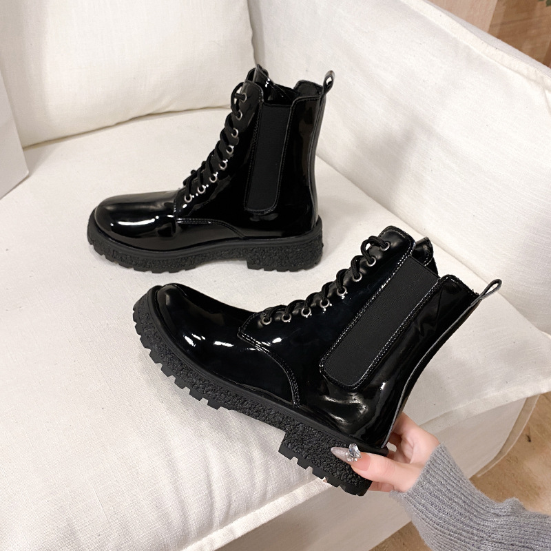 Mid-top thick-heeled round-toe cut-out boots for women, 2025 autumn new style Korean patent leather women's shoes, comfortable Dr. Martens boots Specification drawing