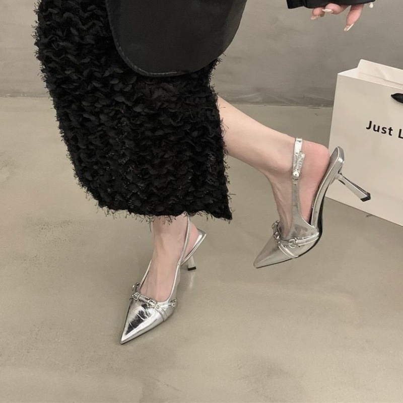 French high-heeled sandals with a flared toe, Spring 2025 new style, with a thin heel and elegant pointed-toe single shoe for women full figure
