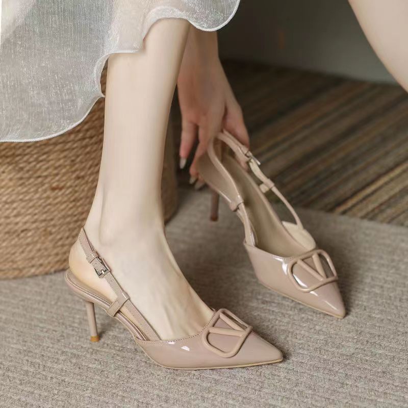High-heeled women's French spring and summer shallow-toe wedding shoes, plaque-sized fashion 2023, nude chanel-style, versatile, thin-heeled, headpiece full figure