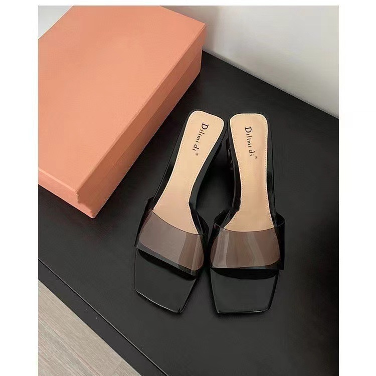 Transparent crystal slippers for women to wear outside in summer 2024, new thick-heeled, square-toed, open-toe cool slippers for women to wear outside in summer Specification drawing