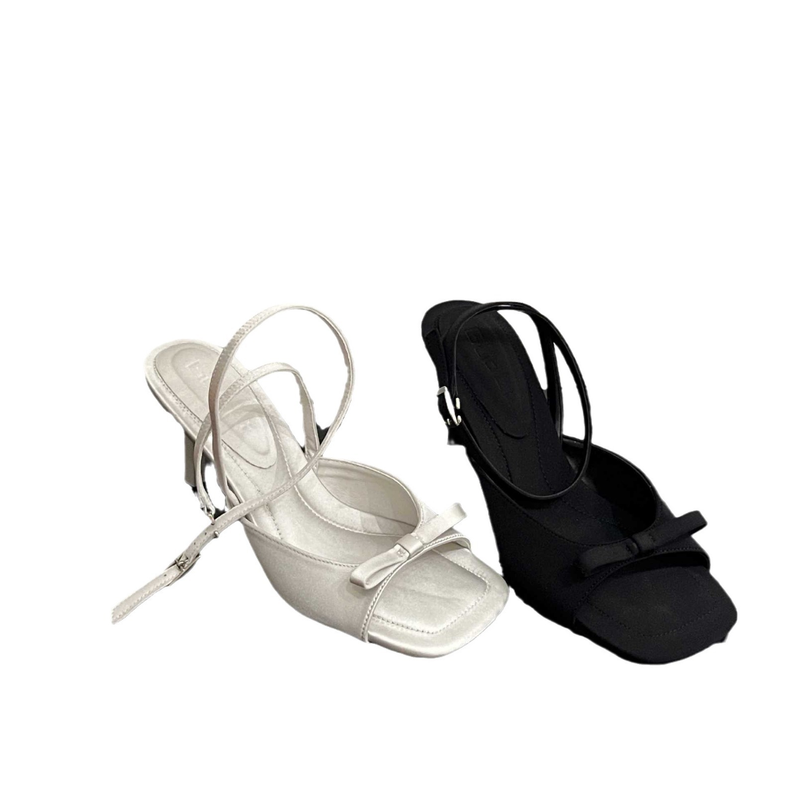 2024 New style square-toed ankle straps, silver satin bow, high-heeled flip-flops, thin-heeled open-toe women's sandals, stylish Item Picture