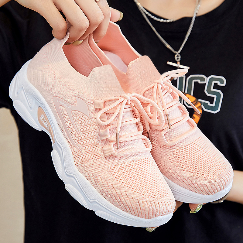 Women's casual shoes, cross-border versatile women's shoes, breathable and non-smelly feet, mesh shoes, flying woven women's single shoes, thick-soled height-increasing shoes full figure