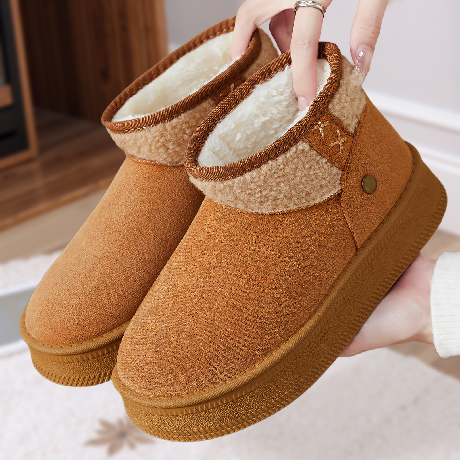 Women's snow boots, one set of cotton shoes, fleece and thickened cotton boots, mid-calf boots, thick-soled height-increasing women's boots full figure