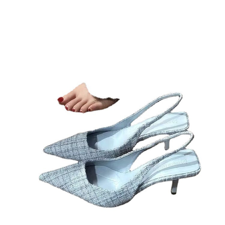 High-end chanel-style high heels, narrow-heeled pointed-toe sandals, women's 2022 summer new style, backheel, pocket, large-sized single shoes Item Picture
