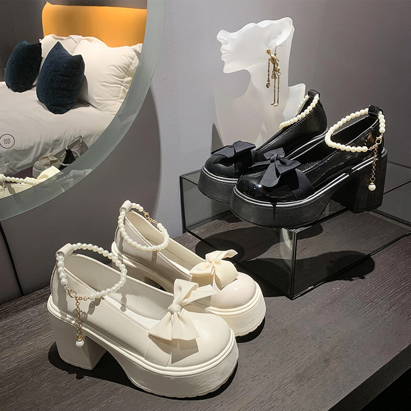 Spring 2025 new Korean version bow shallow-moused pearl one-button thick heel round toe single shoe Mary Jane small leather shoes for women Specification drawing