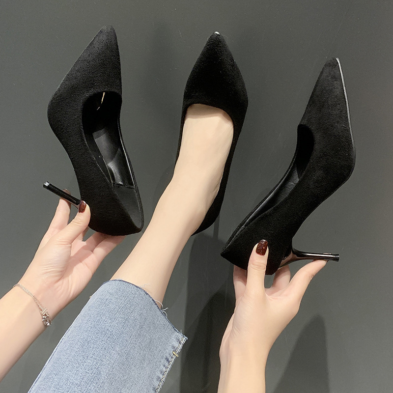 High-heeled women's 2025 new style popular suede fashionable and versatile autumn women's shoes, Korean version banquet thin heel pointed toe single shoes Application Scenario