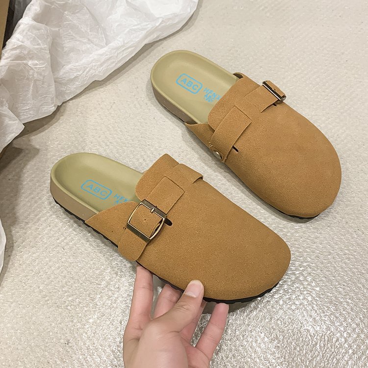 Taizhou large-sized one-legged flip-top half-slipper 2025 new style retro flat slipper round toe fleece lazy slipper details Picture