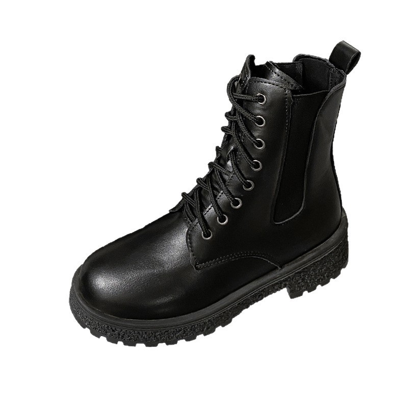 Mid-top thick-heeled round-toe cut-out boots for women, 2025 autumn new style Korean patent leather women's shoes, comfortable Dr. Martens boots Item Picture