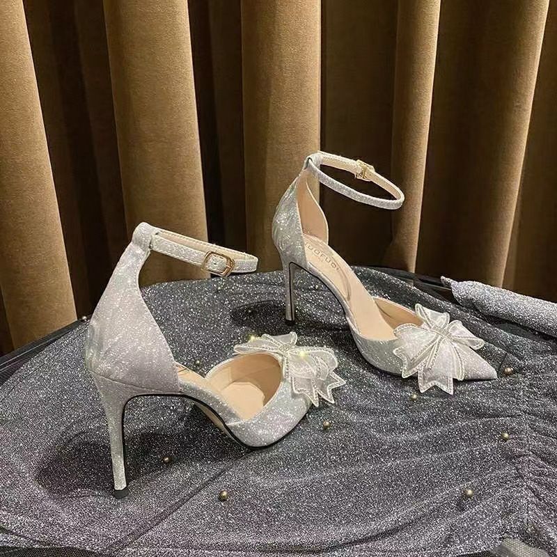 Women's Summer sandals 2023 New style water diamond hollow bow bridesmaid shoes High heels Fairy pointed-toe single shoes Women's thin heels full figure