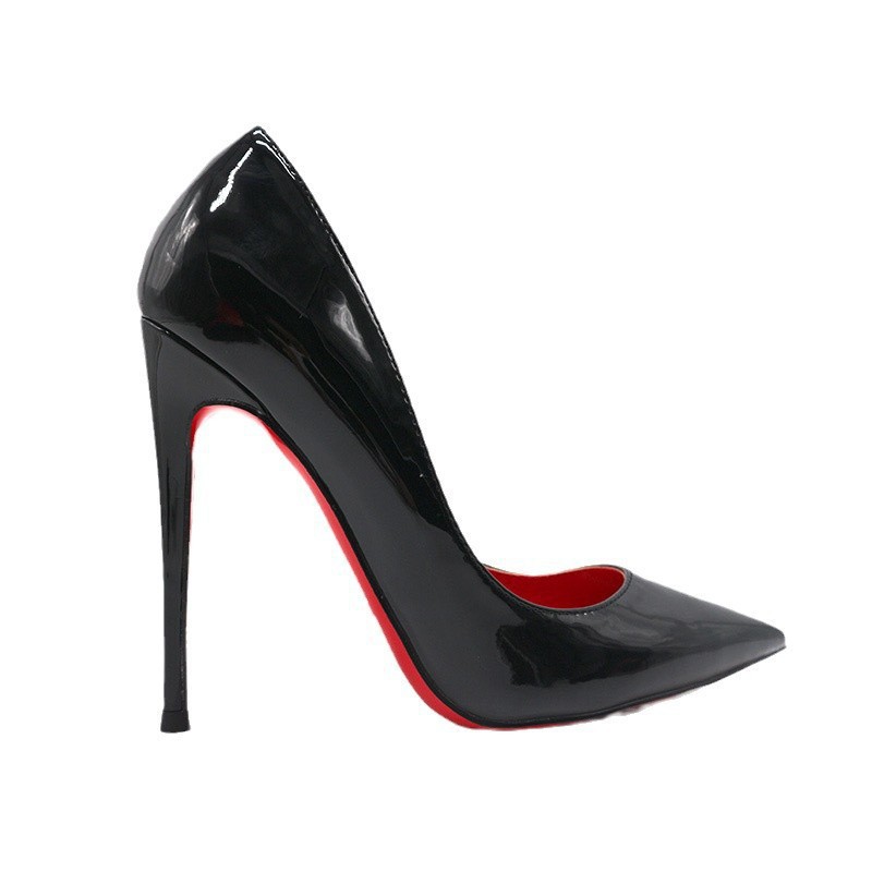 Red sole, black high heels, women's slender heels, sexy night club 2023 Spring and Autumn new bed patent leather pure sensual style single shoe Item Picture