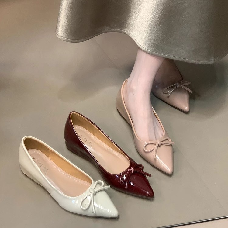 Bow Commuter Mary Jane Evening Shoes Pointed-toe commuter single shoes for women 2025 New style Fashionable shallow opening versatile ladle shoes full figure