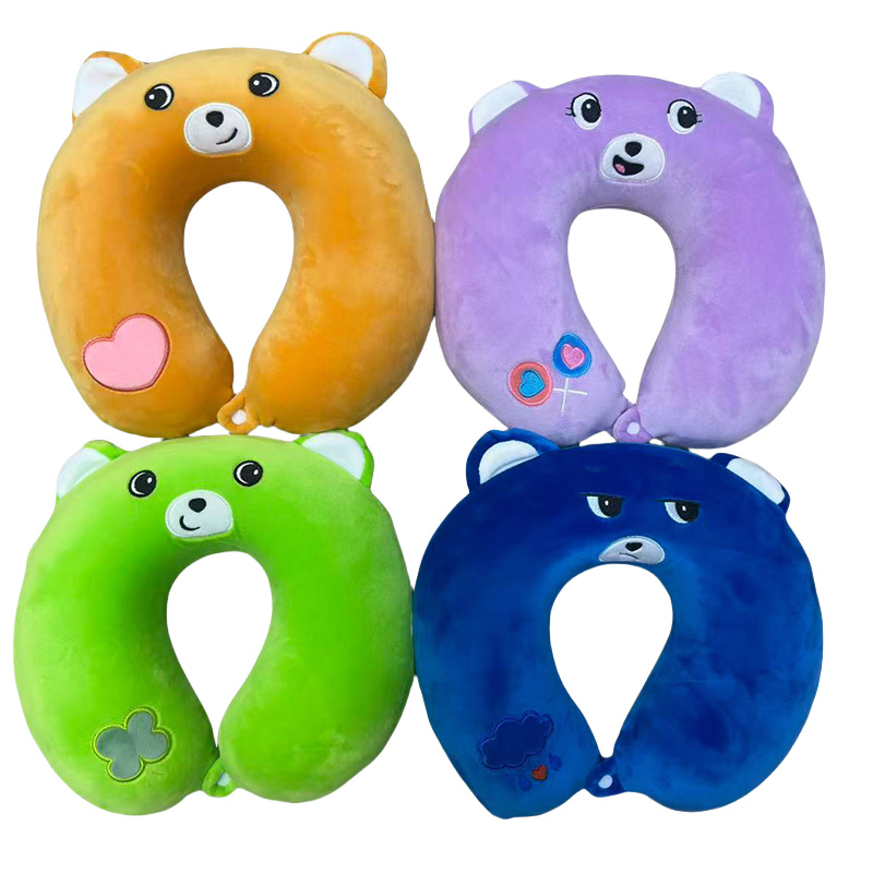 Animal embroidery bear cartoon anime peripheral latex neck pillow, cute cartoon U-shaped travel car, high-speed rail, plane travel and tourism pillow, nap memory foam, plain neck protection pillow, rebound velvet cubic memory foam U-shaped pillow Item Picture