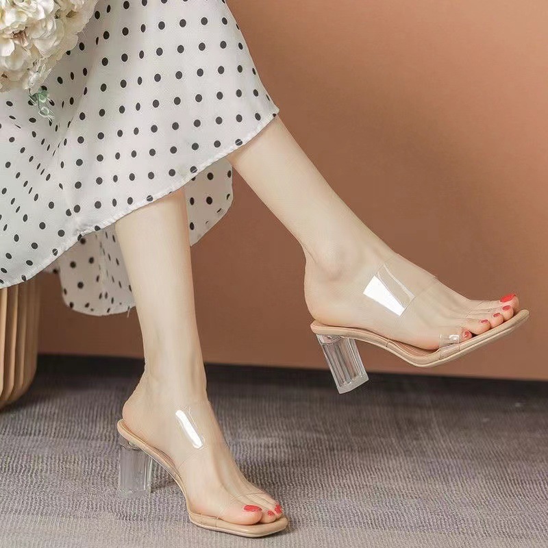 Plus-size transparent high heels for women, summer 2024 new style, one-strap high heels slippers, crystal heels, chunky heels sandals for women full figure
