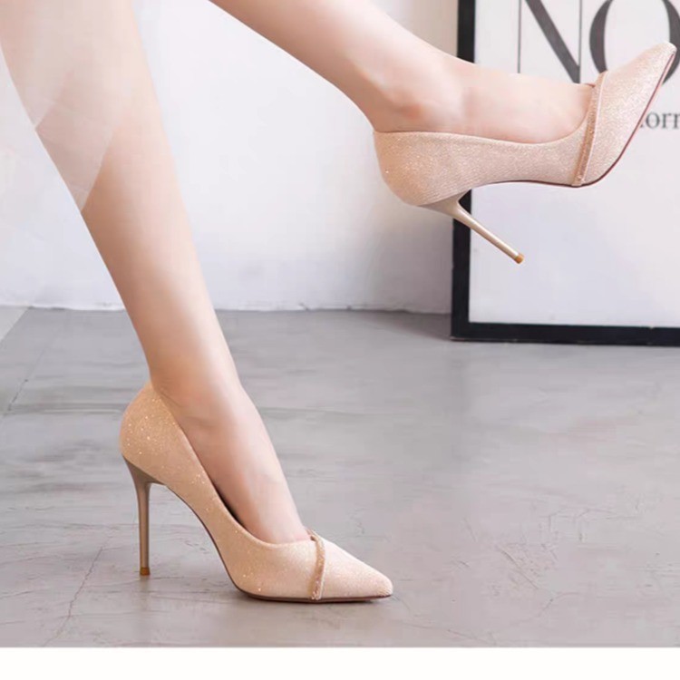 French Chanel-style high heels for women, Spring and Autumn 2024 collection, pointed-toe, thin-heel, rhinestone design, high-end fashion single shoes Specification drawing