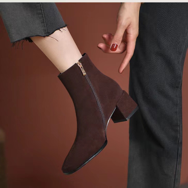 Short boots for Women 2025 Spring and Autumn New style Chunky-heeled boots, pointed high heels, mid-heeled short boots, suede women's boots, versatile boots Application Scenario
