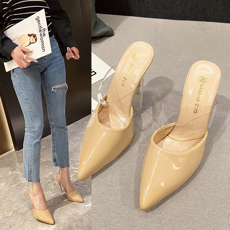 Large-sized slippers 2025 new Korean-style high-heeled flip-flops with thin heels, a one-line transparent strap, a toe cap, and half flip-flops for outerwear full figure
