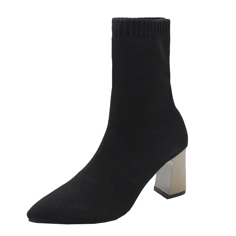 One-line black warm boots for women, comfortable and fashionable pointed-toe high heels, casual chunk-heeled single shoes for women Item Picture