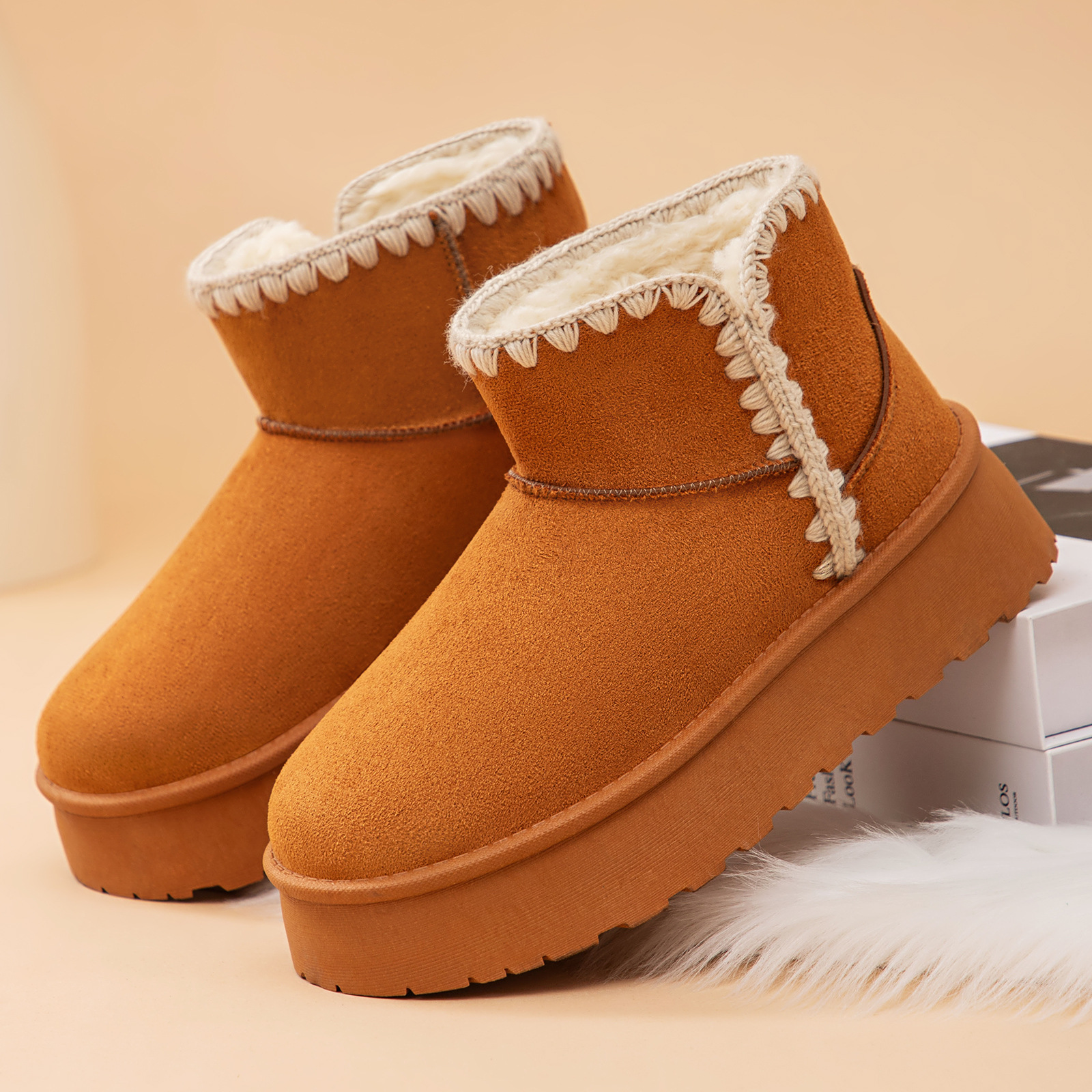 Women's snow boots, cross-border TEMU, cotton shoes, fleece and thickened cotton boots, mid-calf boots for one foot, thick-soled women's boots full figure
