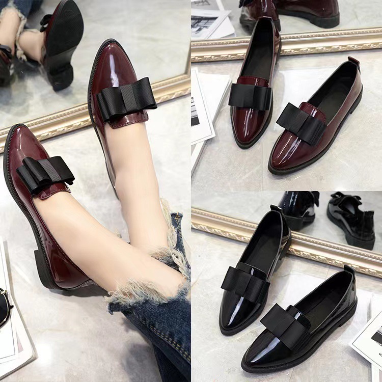 Spring Korean version bow pointed-toe casual low-top single-toe women's flat, shallow mouth simple flip-top commuter women's leather shoes full figure