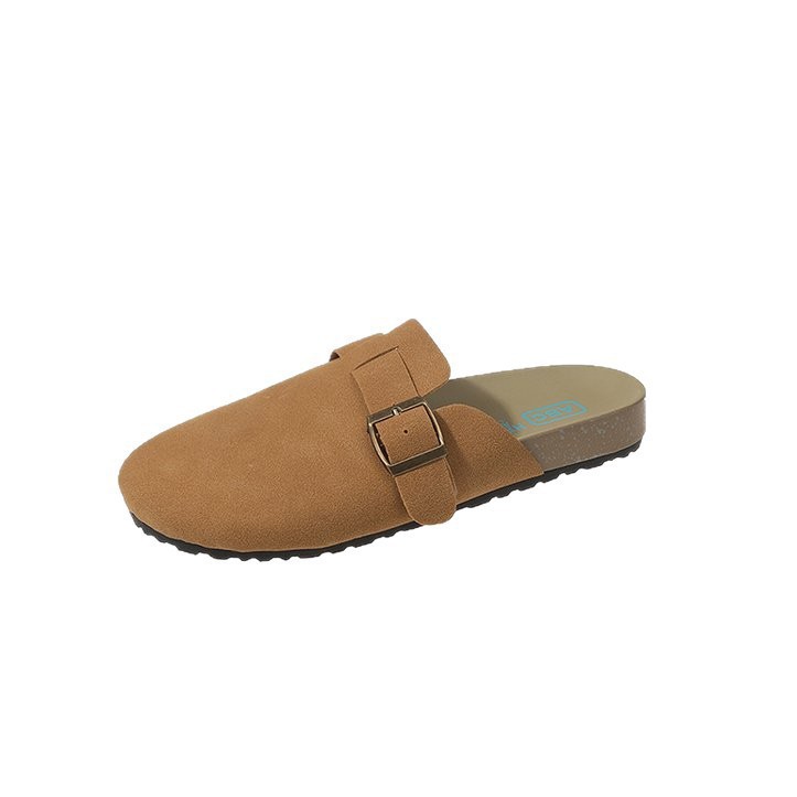 Taizhou large-sized one-legged flip-top half-slipper 2025 new style retro flat slipper round toe fleece lazy slipper Item Picture